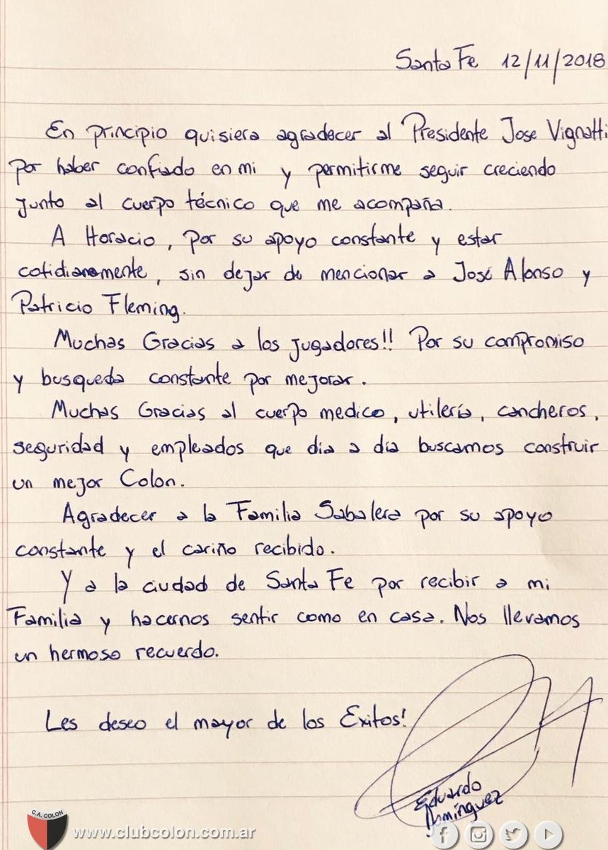 La carta de despedida de Eduardo Domínguez